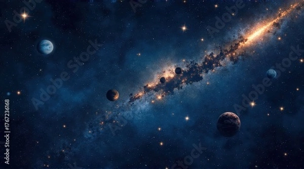Fototapeta Vast Space Scene with Multiple Planets and Bright Galaxy in Deep Blue Night Sky