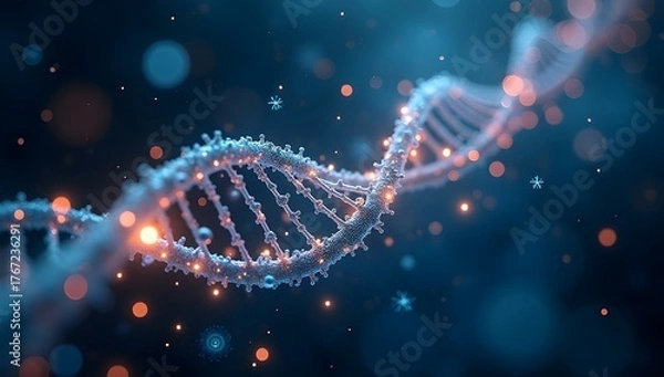 Fototapeta a sparling dna helix on dark blue bokeh background