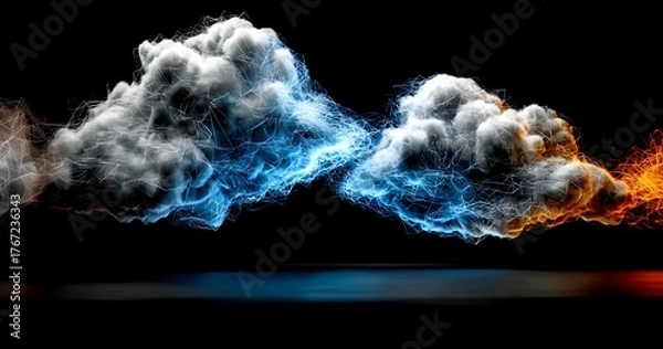 Fototapeta Digital Cloud Network with Blue and Orange Energy Lightning Effect