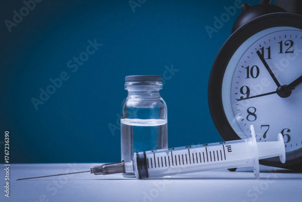 Fototapeta Time for vaccination. Watch and syringe with vaccine. Date and time of preventive vaccinations to population..