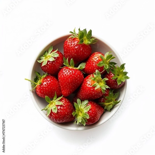 Obraz Bowl of fresh strawberries with leaves, isolated on white background.