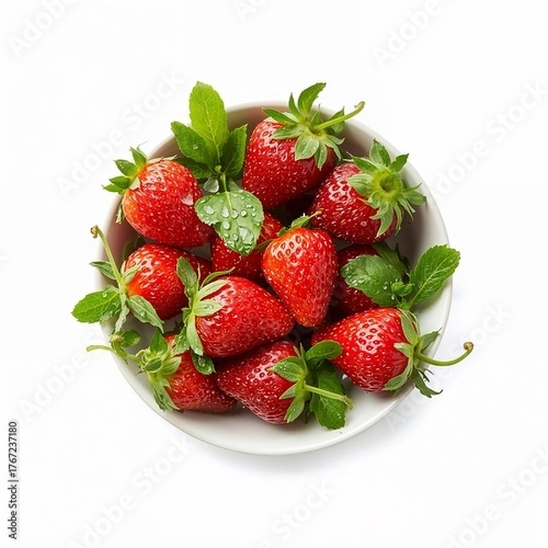 Obraz Bowl of fresh strawberries with leaves, isolated on white background.