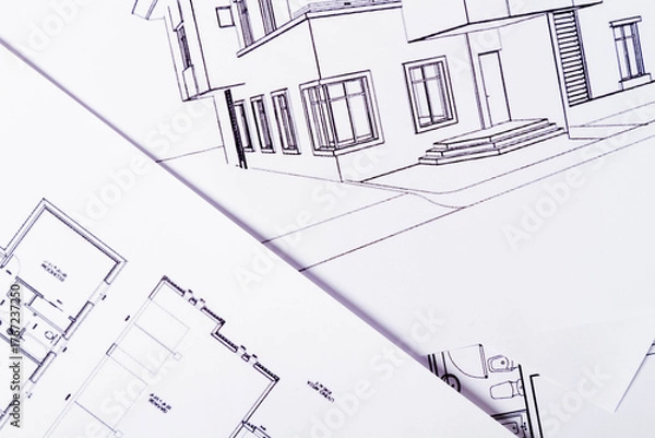Fototapeta Construction background. House plan on table texture. Working drawings of a house project design..