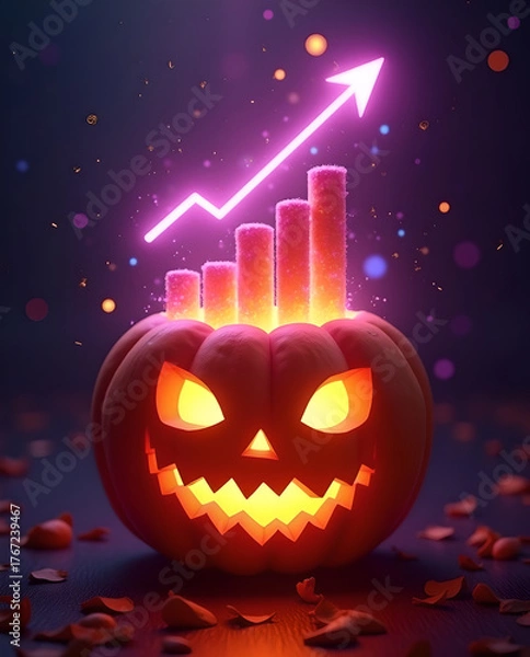 Fototapeta Halloween Business Growth: A festive carved pumpkin with a glowing graph on top, representing business growth and rising success during the spooky season.