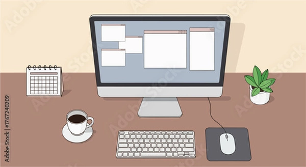Obraz Minimal Remote Work Desk Setup with Computer Monitor, Coffee Cup, Keyboard, and Calendar — Flat Vector Home Office Illustration for Productivity and Freelancer Design