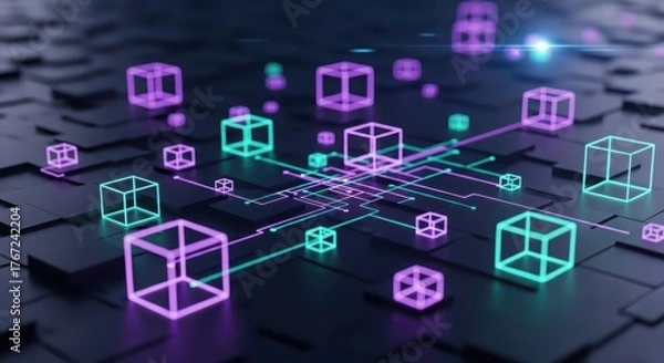 Fototapeta Abstract digital network of glowing cubes and interconnected lines representing blockchain technology isolated on white background