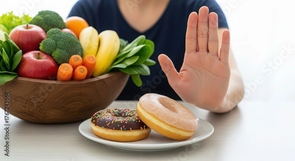 Fototapeta Person refusing unhealthy donuts with a bowl of fresh fruits and vegetables in the background isolated on white background