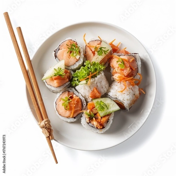 Obraz Plate of sushi rolls with chopsticks, isolated on white background.