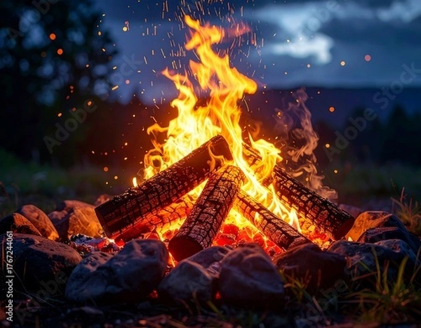Fototapeta Intense Campfire Flames Illuminate the Surroundings, Set Against a Backdrop of Distant Mountains and a Moody Sky