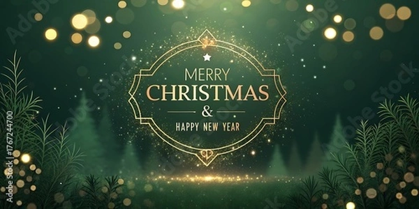 Fototapeta Elegant merry Christmas and happy new year greeting with golden ornate frame and bokeh lights in a festive forest setting.