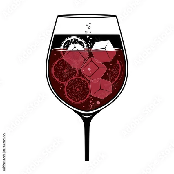 Fototapeta Stylized drawing of a wine glass with red cocktail and fruit isolated on transparent background