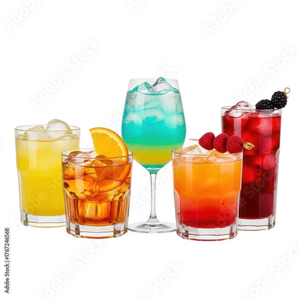 Fototapeta Assortment of colorful cocktails with garnishes on transparent background