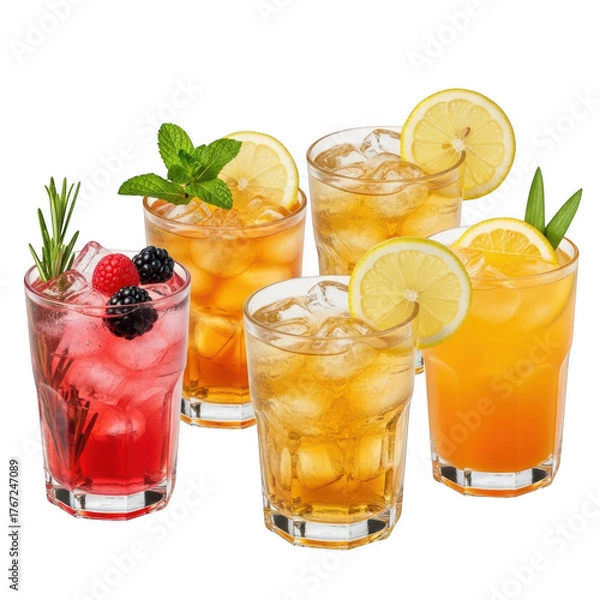 Fototapeta Assortment of colorful iced beverages with garnishes isolated on transparent background