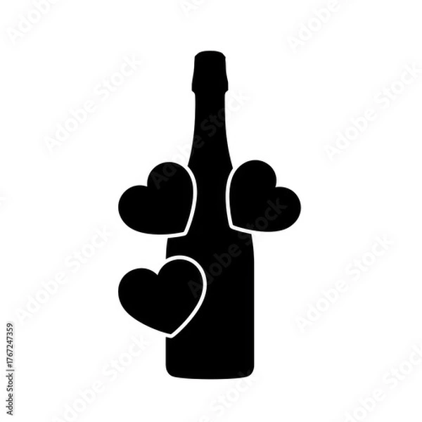Fototapeta Champagne bottle silhouette with heart shapes isolated on transparent background