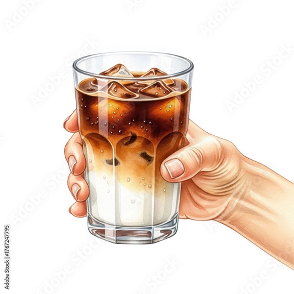 Obraz Hand holding a glass of iced coffee with milk and ice isolated on transparent background