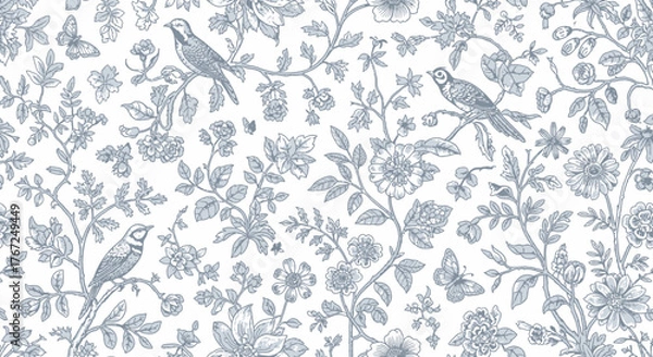 Obraz Toile de Jouy Blue Botanical Garden - Vintage Floral Pattern Vector