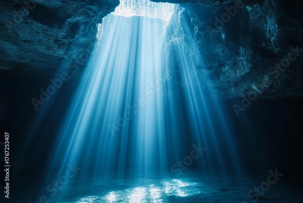 Fototapeta A cathedral-like cavern with light beams reflecting on the water surface