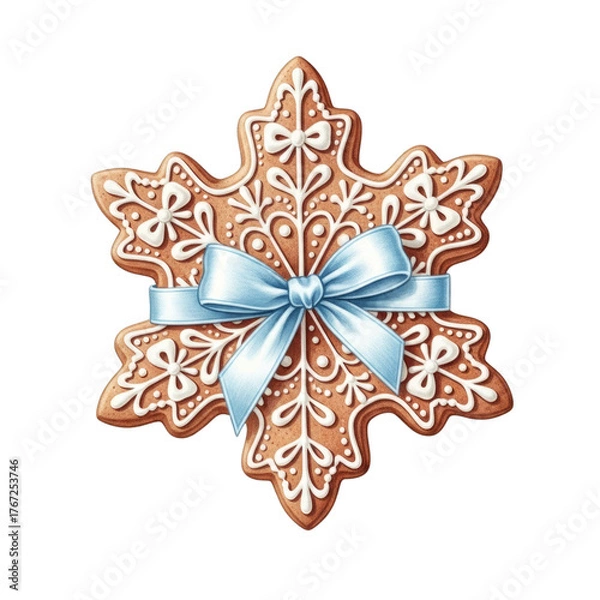 Fototapeta Snowflake Gingerbread Cookie with Blue Ribbon isolated on a transparent background