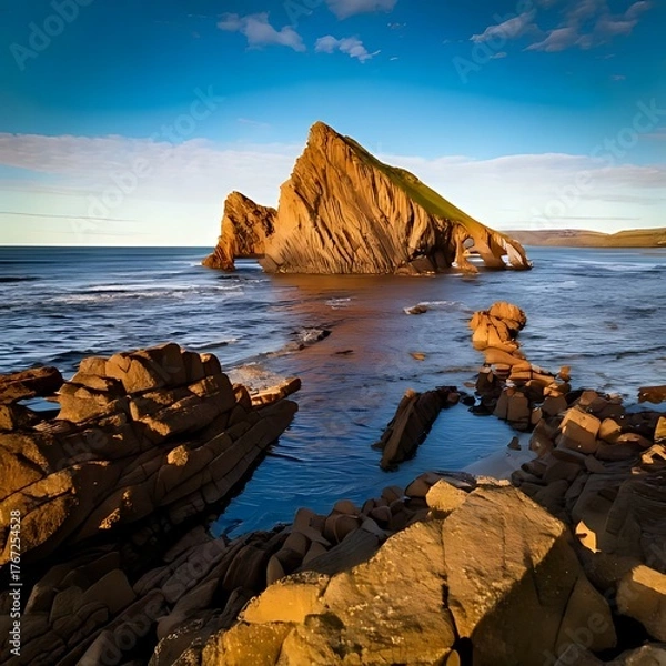 Fototapeta Coastal view featuring dramatic rock formations and a sea arch
