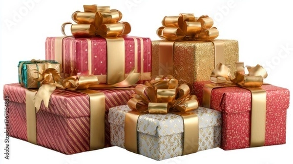 Obraz Pile of red christmas gift boxes with shiny gold ribbons isolated on transparent background for holiday celebration, festive presents, seasonal decoration, and gift wrapping concept
