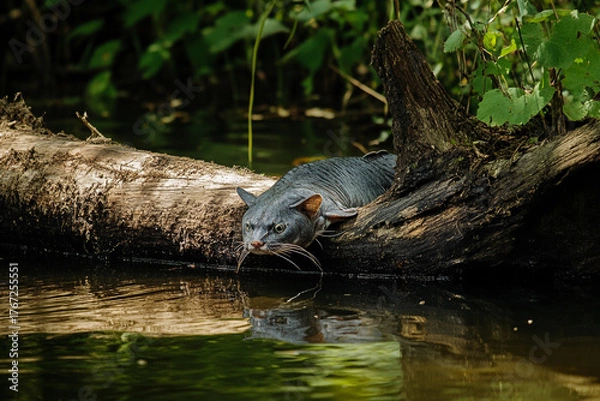 Fototapeta A catfish resting near a sunken log in the river depths