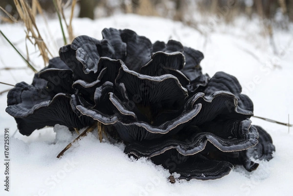 Fototapeta A dark black fungus contrasting against a white snow-covered ground