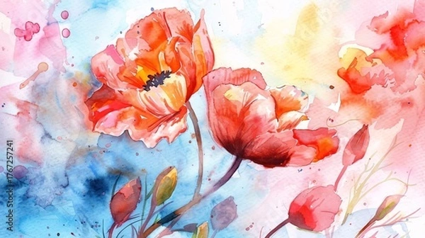 Fototapeta Beautiful watercolor flowers blend soft colors, creating a delicate and vibrant artwork.