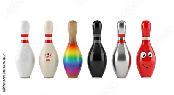 Fototapeta Six colorful bowling pins isolated on transparent background, each with unique design