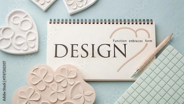 Fototapeta Creative workspace with design elements, notebook, pen, and decorative shapes on pastel background for artistic inspiration.