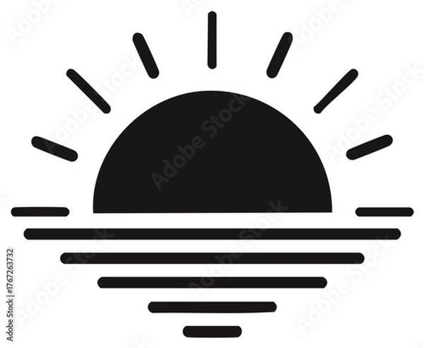 Obraz Abstract vector icon of a bold black sun rising or setting above tranquil water, symbolizing morning or evening serenity.