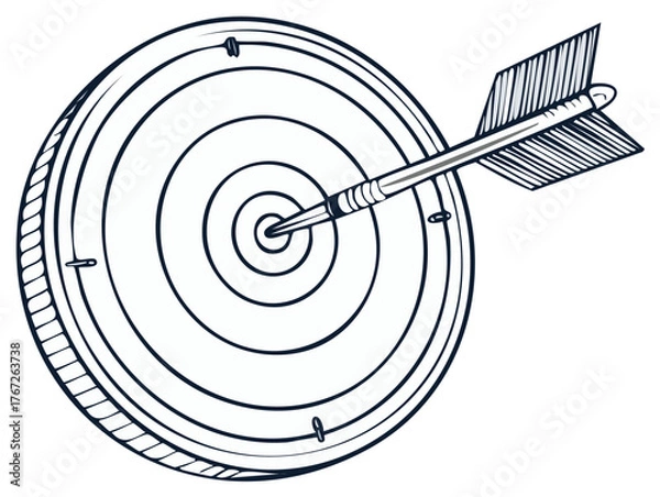 Obraz Black and white line drawing of a dart hitting the bullseye on a target board for success