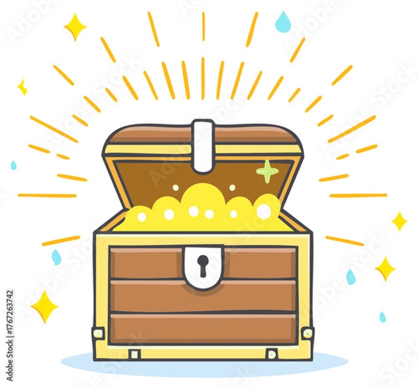 Obraz Cartoon treasure chest filled with gold coins and sparkling stars illustration