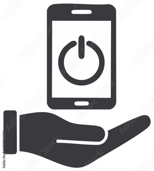 Obraz Hand holding smartphone with power button symbol, on, off concept