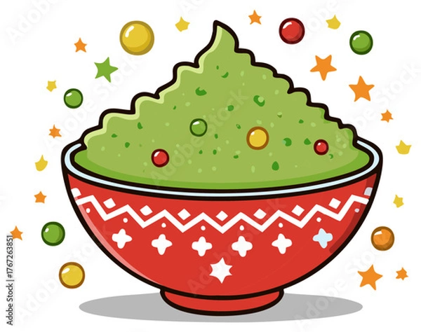 Obraz Festive guacamole in a decorative red bowl surrounded by colorful stars and spheres