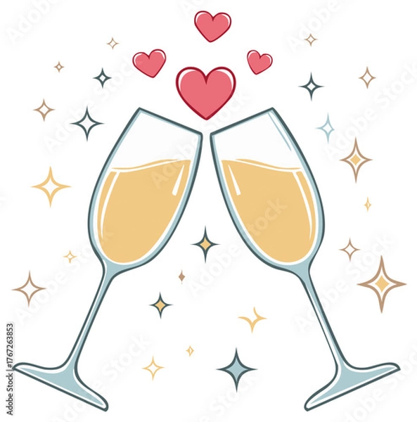 Obraz Champagne glasses toasting with hearts and sparkles, romance concept