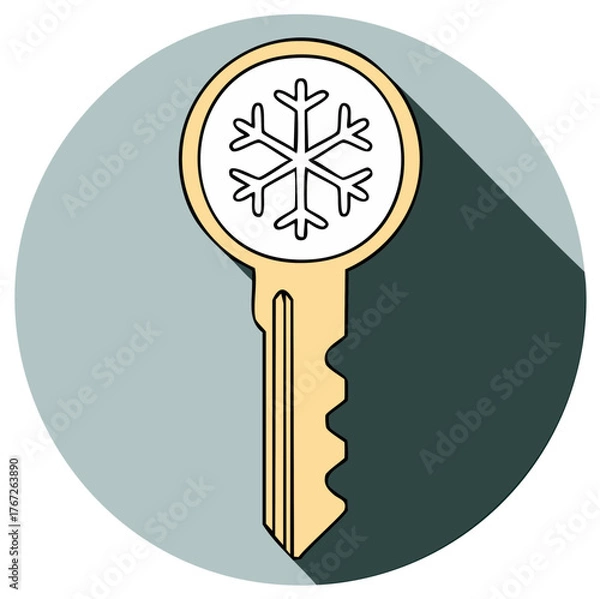 Obraz Golden Key with Snowflake Symbol and Long Shadow