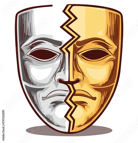 Obraz Broken Two-Faced Mask Featuring Gold and Silver Sides with Cracks