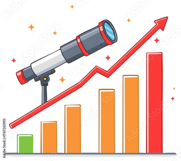 Obraz Strategic vision and business growth forecast with telescope observing rising bar chart