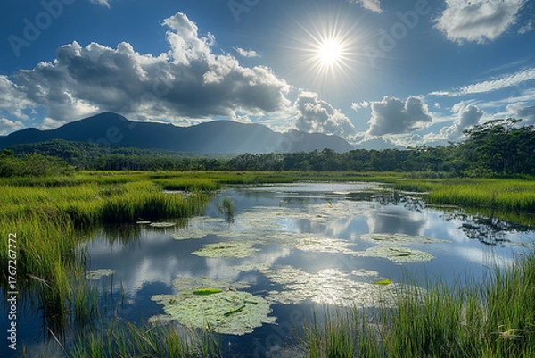 Fototapeta A Sunlit River Delta, Home to a Thriving Oasis of Life A lush wetland teeming with birds and wildlife, where water and land meet