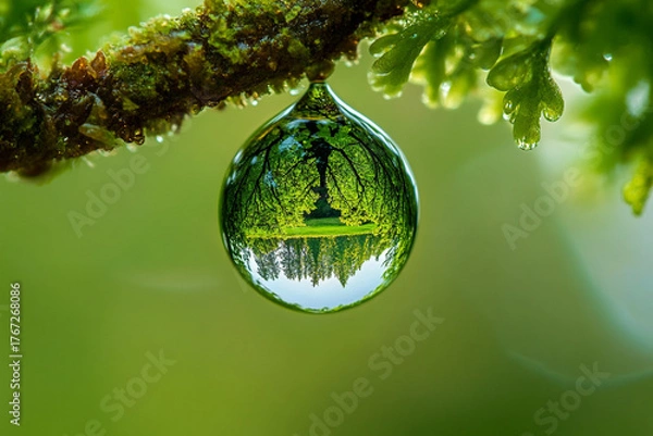 Fototapeta A surreal reflection inside a dewdrop, showing a parallel world