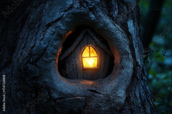 Obraz A tiny fairy house glowing softly in a hollowed-out tree  