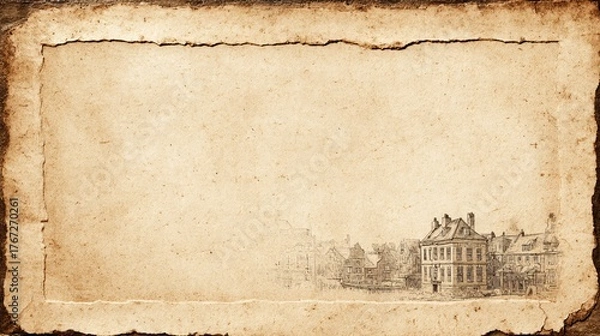 Obraz Vintage ink sketch of a grand neoclassical temple with columns and pine trees on aged, stained parchment paper.