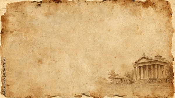 Obraz Vintage ink sketch of a grand neoclassical temple with columns and pine trees on aged, stained parchment paper.