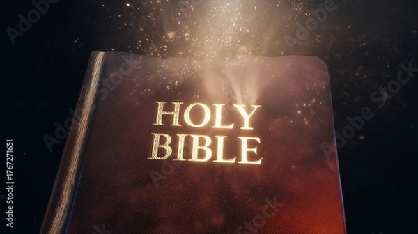 Fototapeta Illuminated Scripture: A close-up view of a leather-bound Holy Bible with its gold lettering and the word Holy emblazoned on the cover, radiating an ethereal glow. 