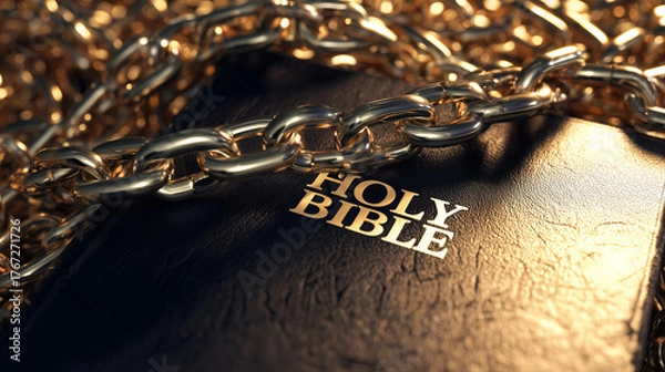 Fototapeta Sacred Scripture Unveiled: A close-up shot of the holy bible adorned with a luxurious golden chain, showcasing faith and devotion. 