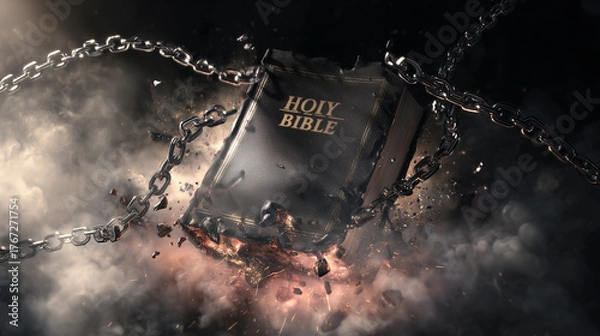 Fototapeta Breaking Chains: A powerful image of a holy Bible, surrounded by chains and shards, conveys a sense of liberation, freedom, and triumph of faith.