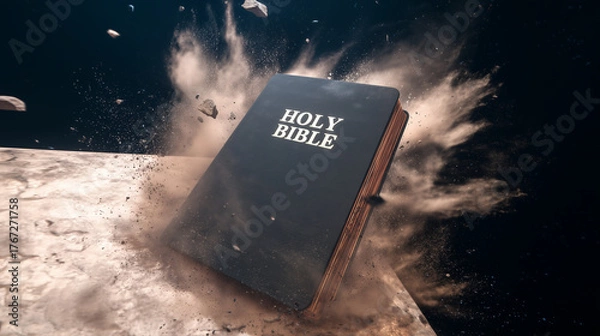 Fototapeta Unveiling the Scriptures: Dramatic composition showcasing a closed Holy Bible amidst a cloud of swirling dust, set against a dark, dynamic backdrop.
