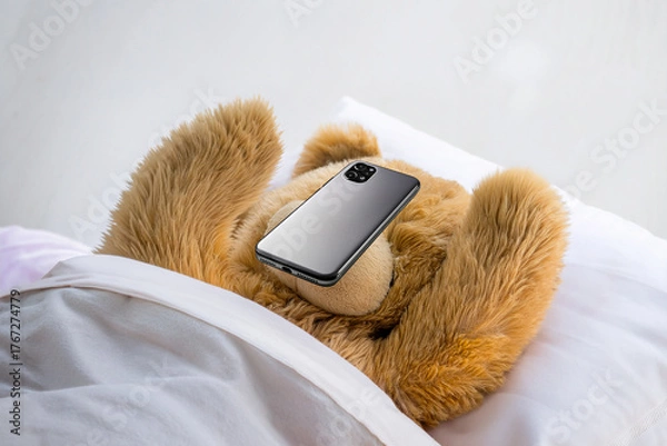 Fototapeta ベッドで寝落ちしてスマホを顔に落とすテディベア