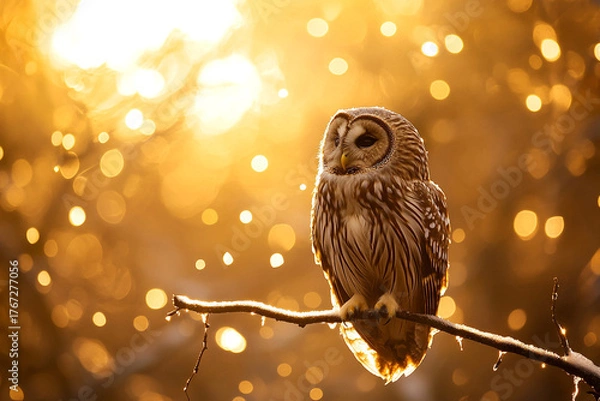 Fototapeta An owl perched on branch, tiny droplets of water falling from its feathers in golden light