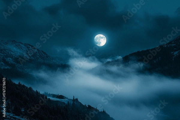 Obraz A mysterious fog rolling through the mountains under a bright moon  